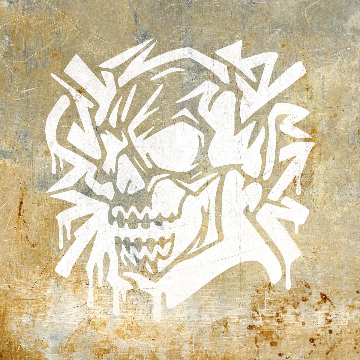 White Graffiti Skull Stencil brings bold angular lines and paint drips to a weathered metal surface