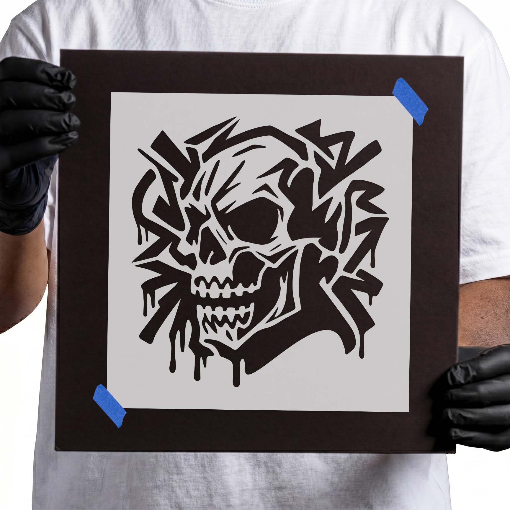 Graffiti Skull Stencil with dripping paint details and bold street art design displayed