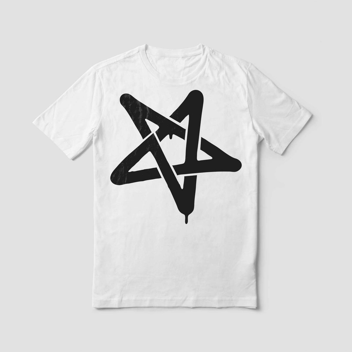 Street-art inspired Graffiti Star Stencil printed in black on a crisp white shirt
