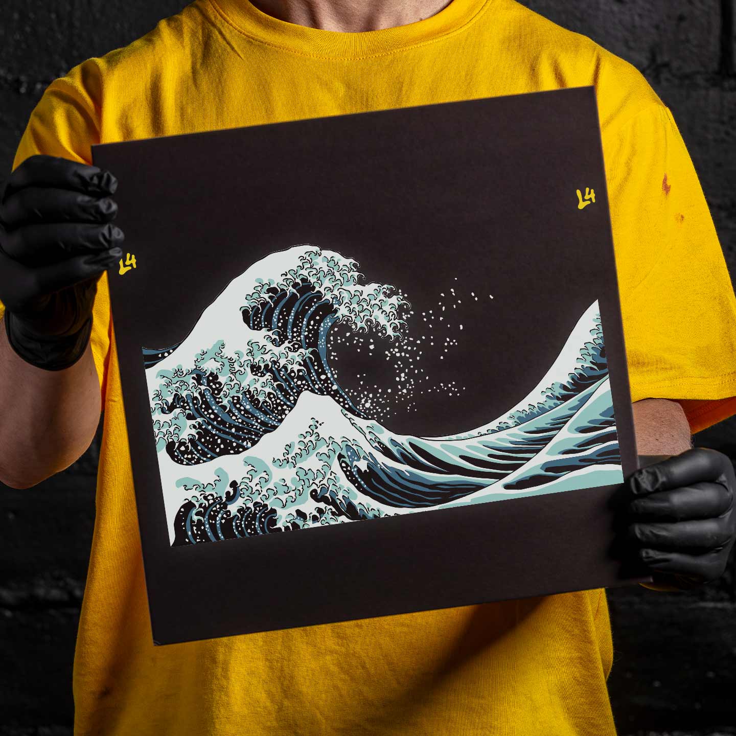 great wave stencil art on black background