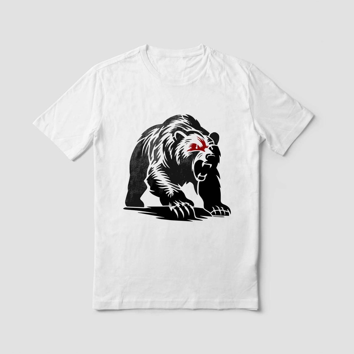 Fierce roaring grizzly bear stencil with red eyes printed on a white shirt