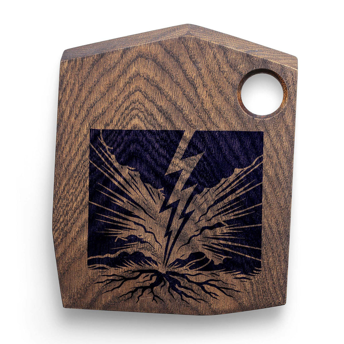 Dark Ground Strike Lightning Stencil brings a stormy bolt scene to a wooden cutting board