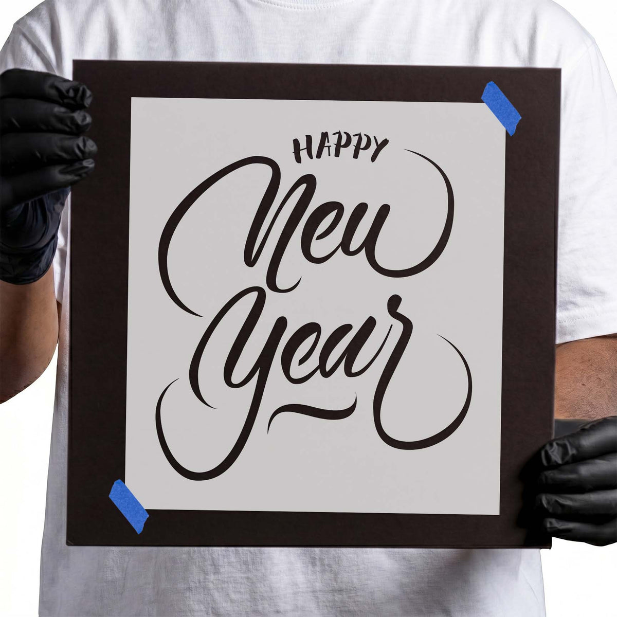 Happy New Year stencil with flowing calligraphy and sweeping flourishes