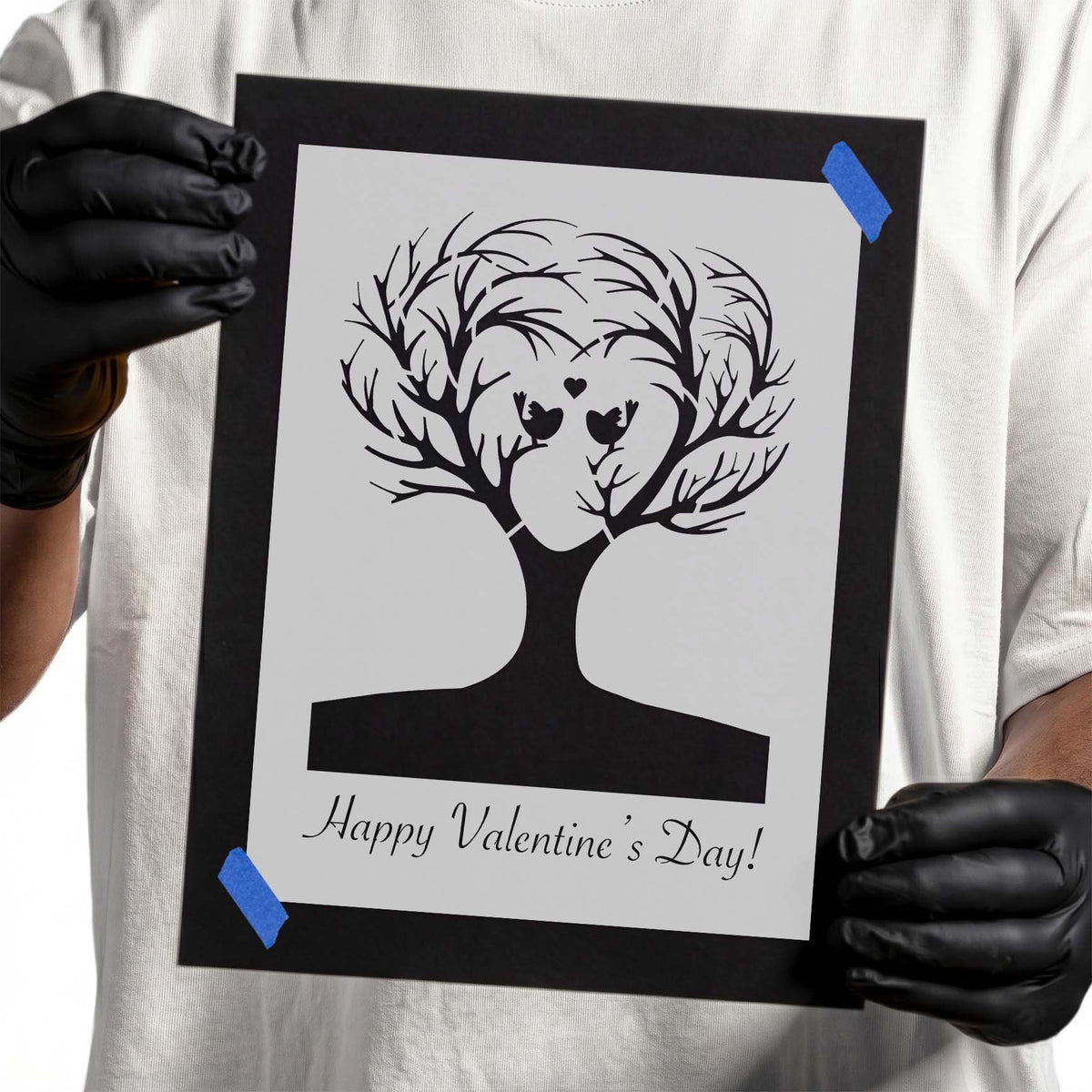 Happy Valentine's Day Tree of Love Stencil with two birds and heart