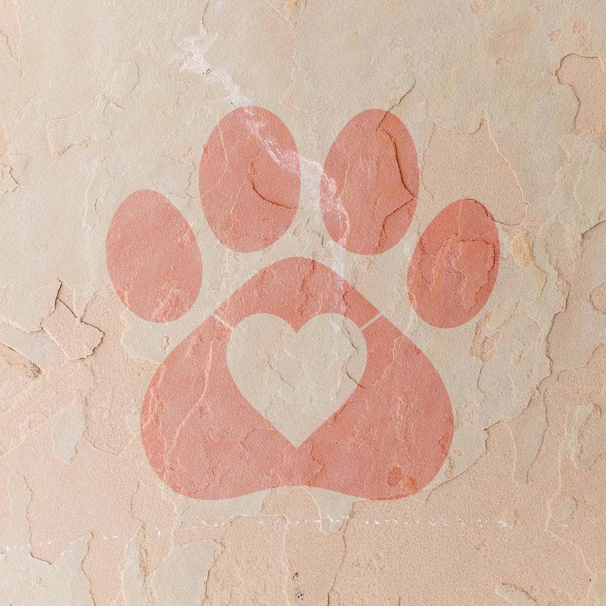 Peach Heart Paw Print Silhouette Stencil appears softly painted across a weathered stucco wall