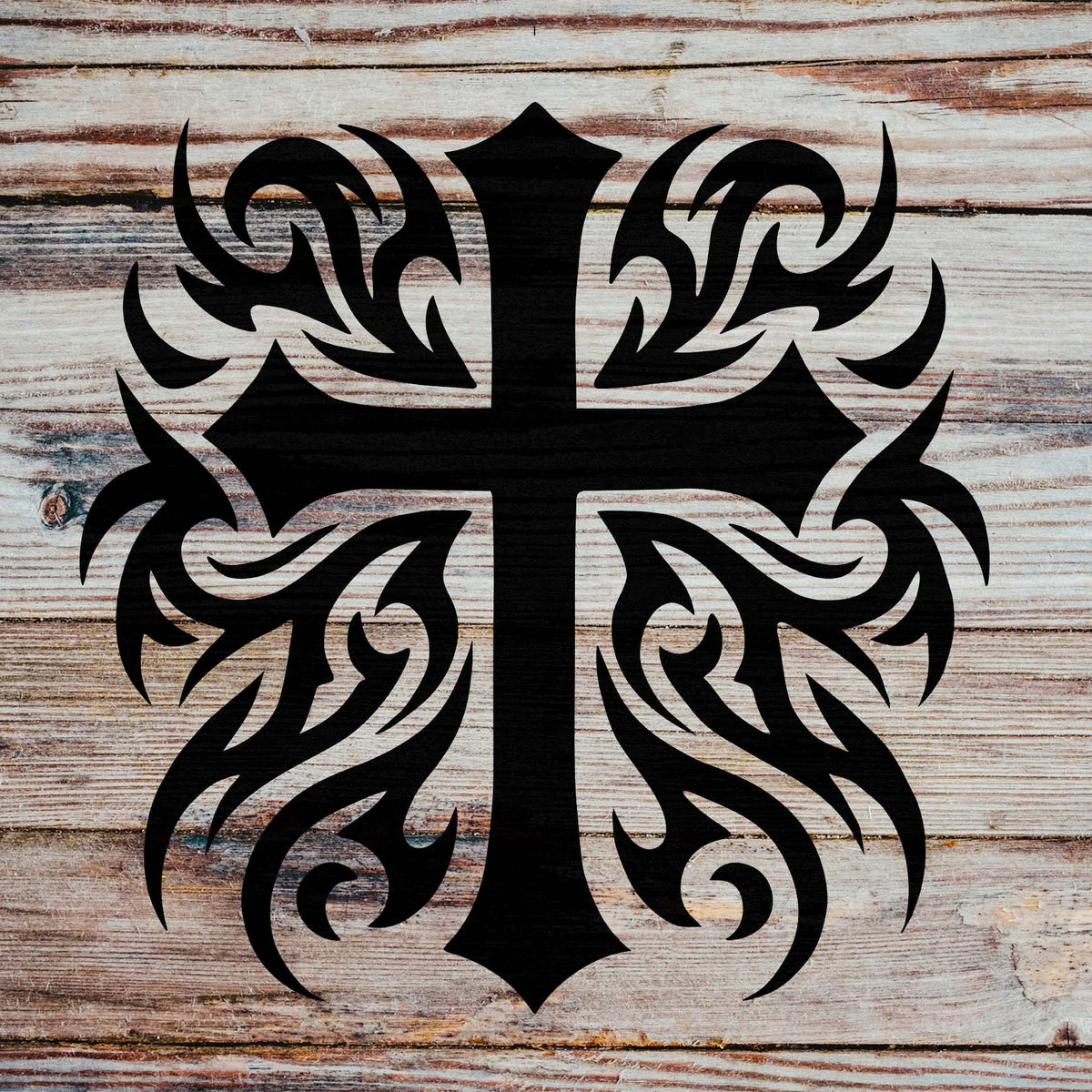 Heritage Tribal Cross Stencil featured in black against distressed whitewashed wood.