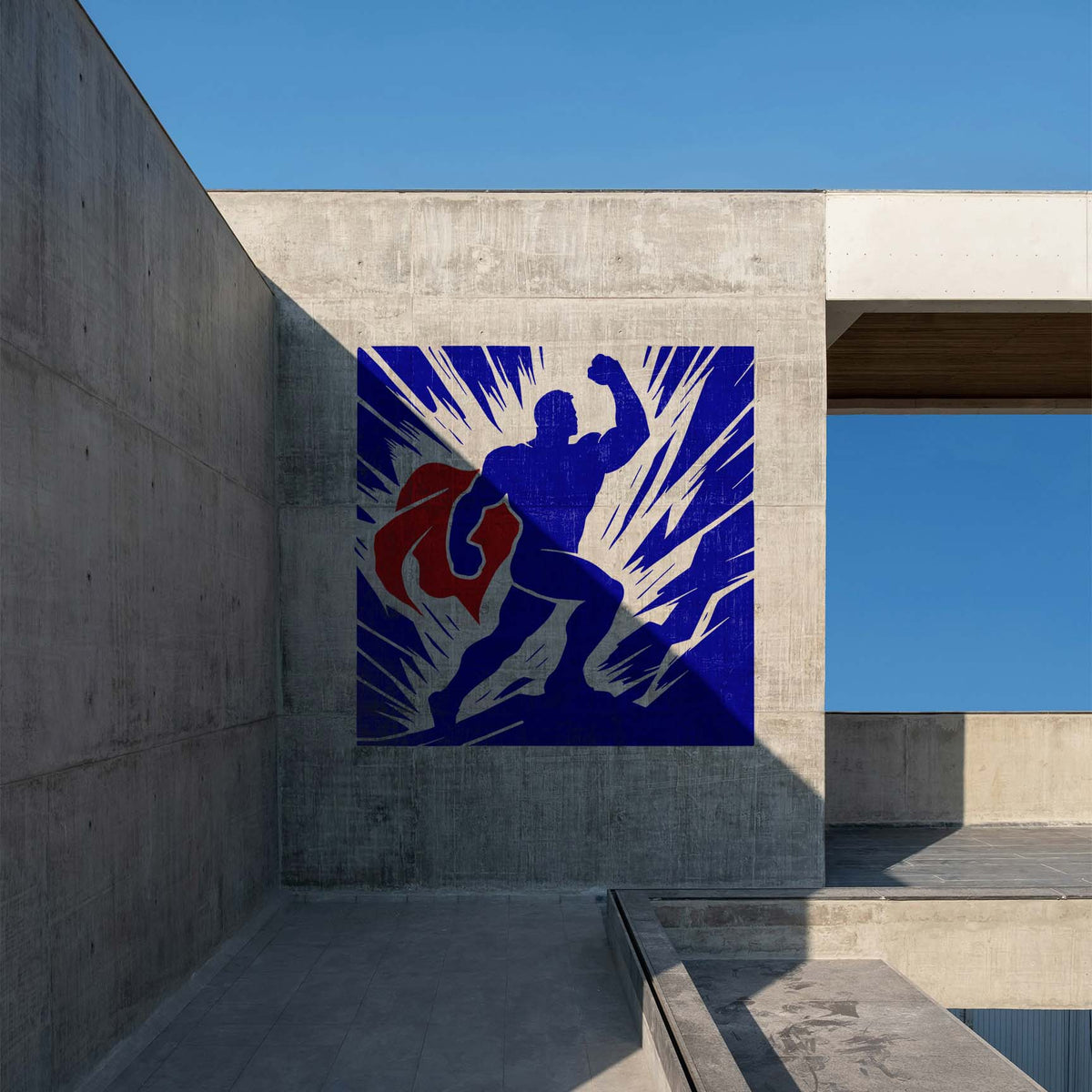 Across a modern concrete wall, Heroic Superhero Silhouette Stencil shows a caped figure with raised fist