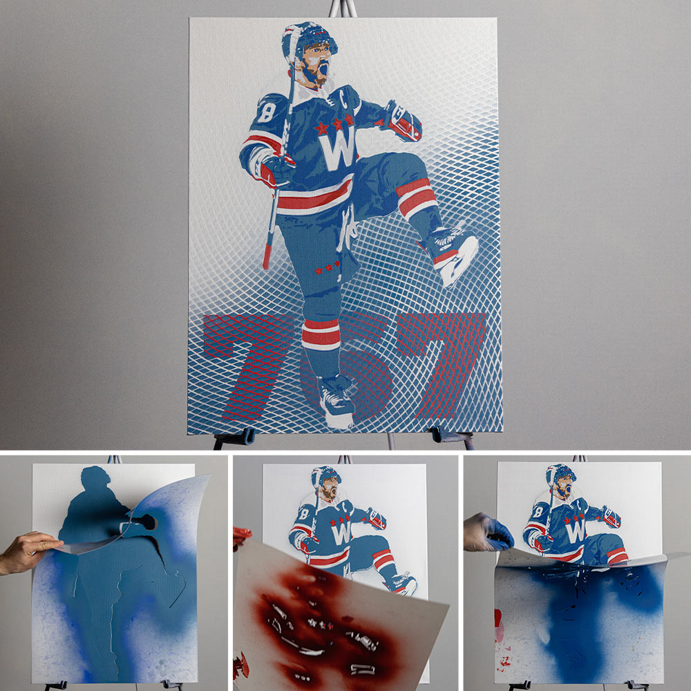 hockey player being painted with layered stencils