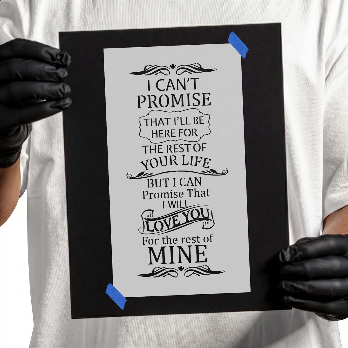 Love quote stencil with mixed lettering, ribbon banner and ornamental flourishes