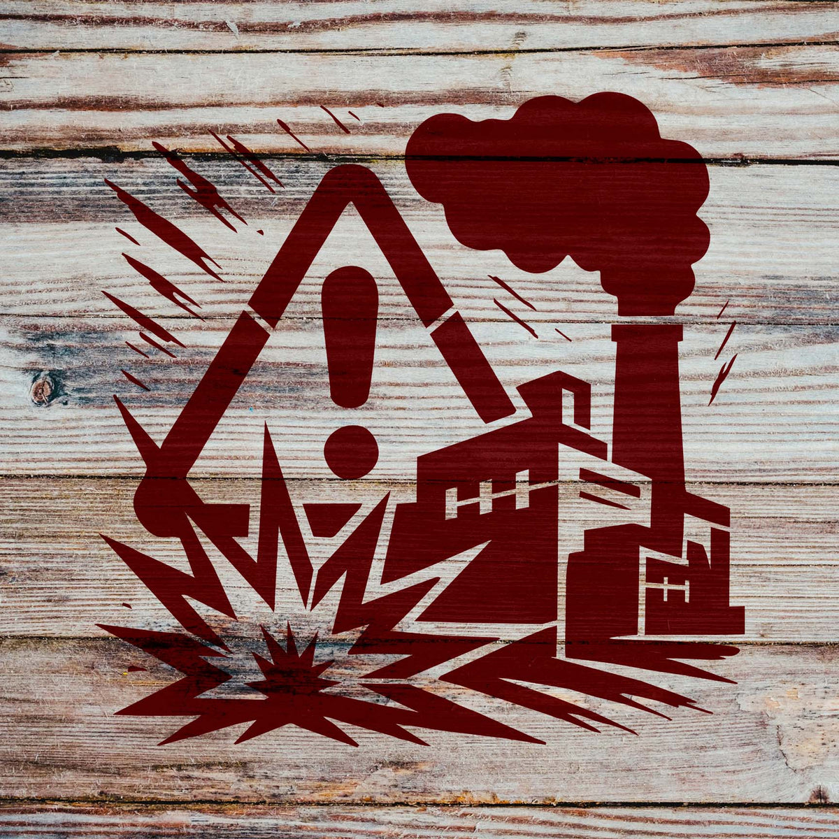 A rustic wood surface displays Industrial Hazard Factory Warning Stencil with factory smoke and explosion imagery.