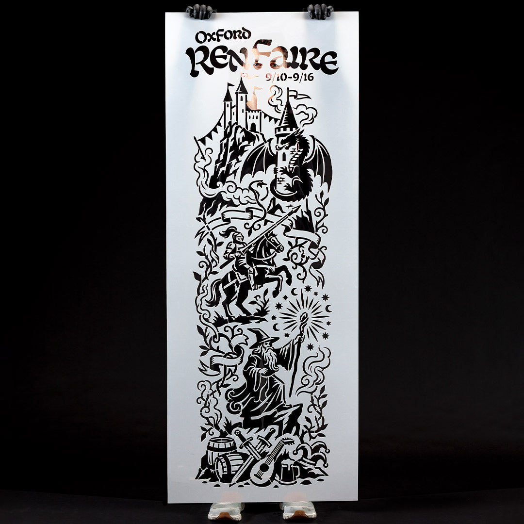 large custom stencil ren faire design being held up