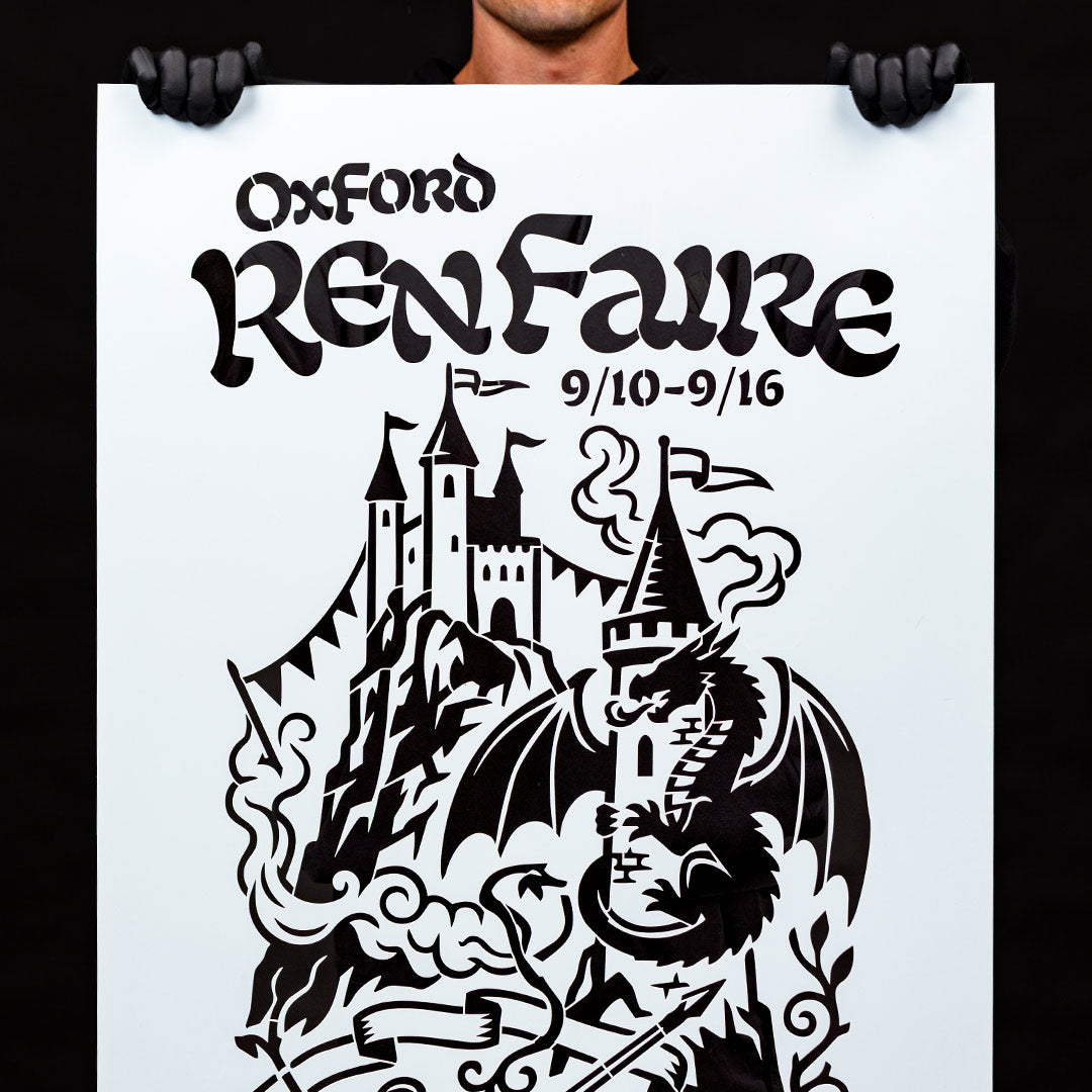 large stencil of a complex ren faire promotion being held