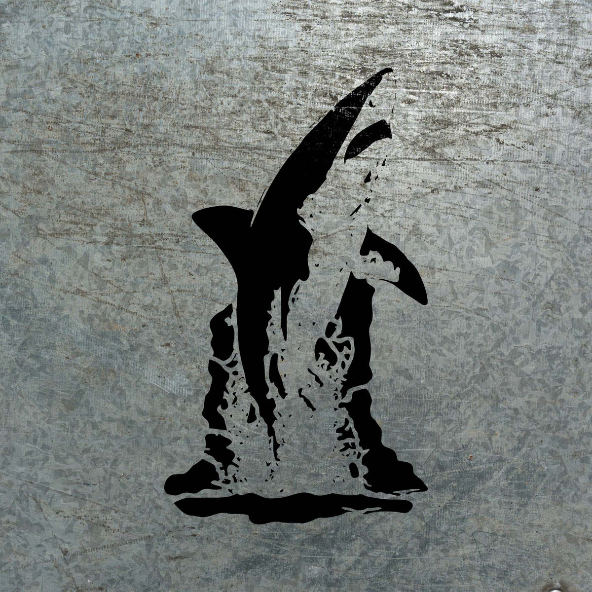 Leaping Great White Shark Stencil rises vertically in a dramatic splash on textured metal