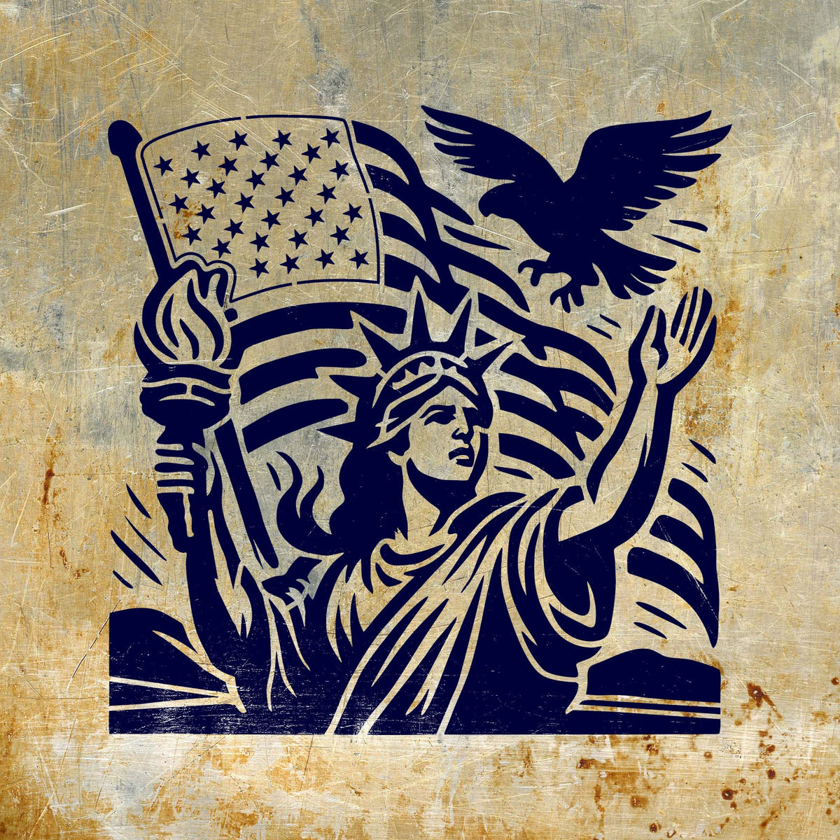 Liberty & Freedom Patriotic Stencil displays Lady Liberty, a soaring eagle, torch, and American flag on metal.