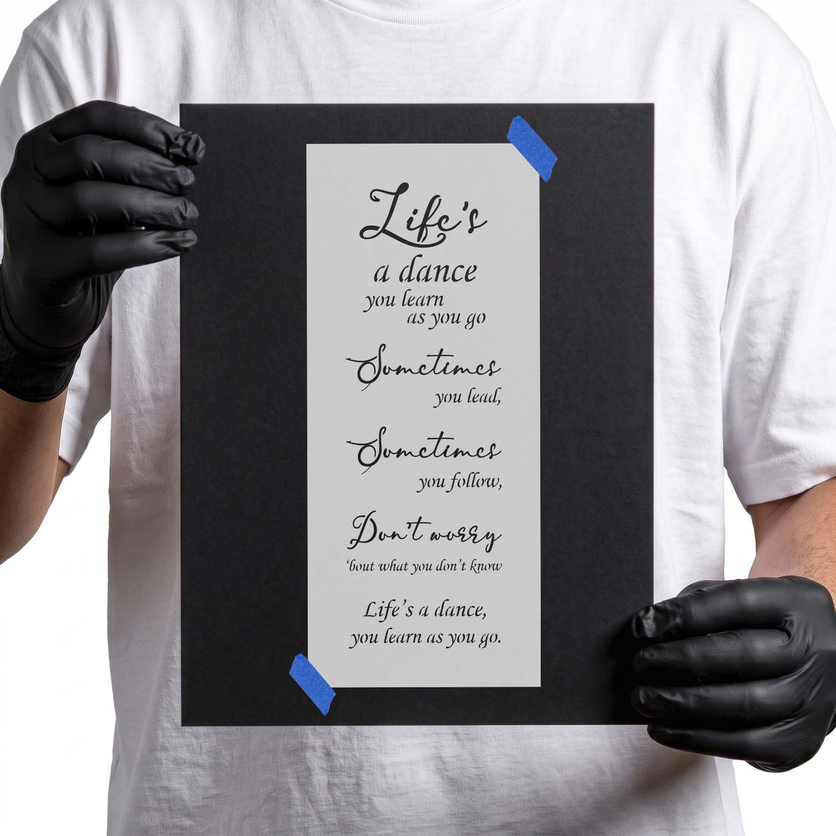 Life's a Dance stencil featuring inspirational quote lettering in flowing cursive and decorative script