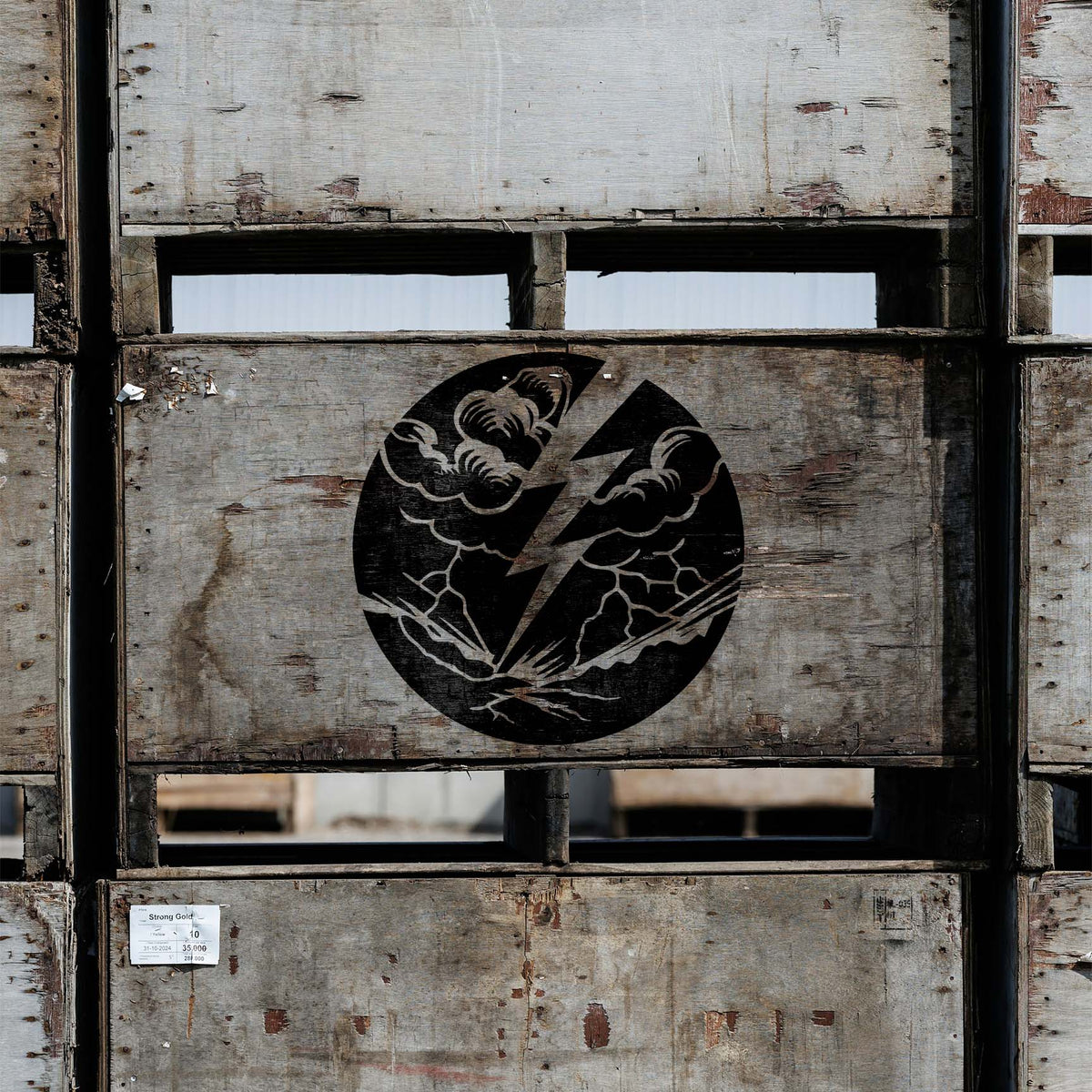 Weathered crates feature the Lightning Strike Storm Stencil with a bold bolt and storm clouds