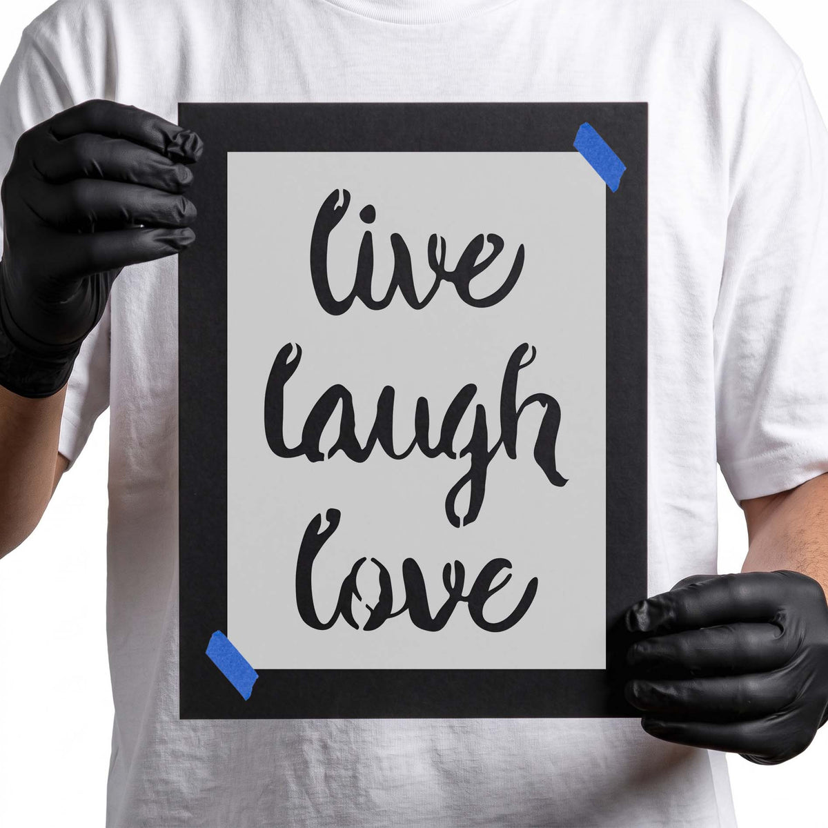 Live Laugh Love stencil with three stacked words in flowing script