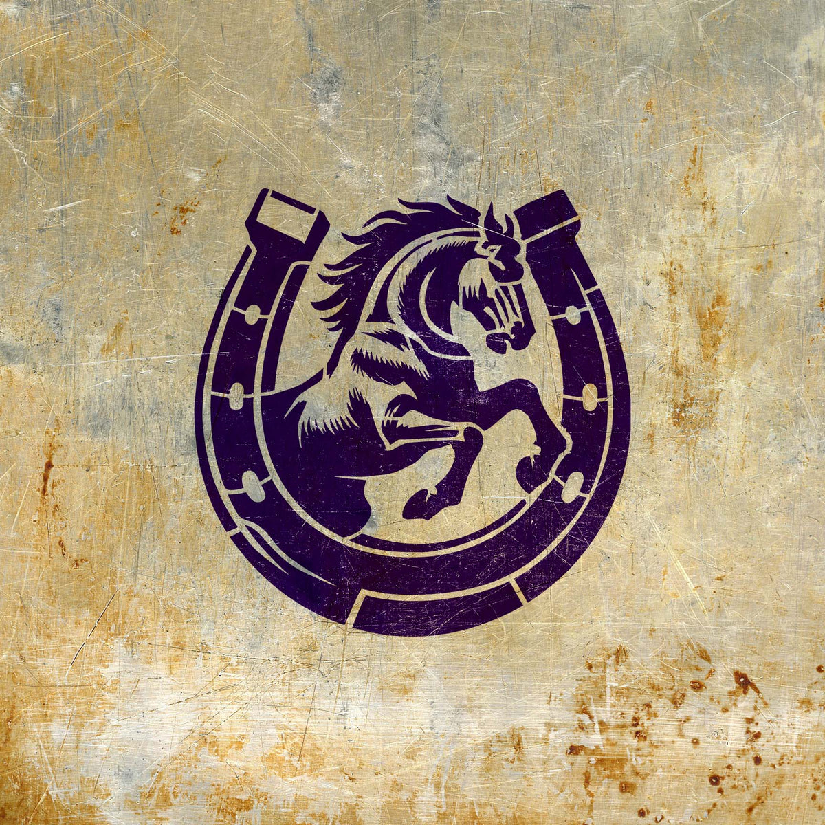 Purple Lucky Horseshoe Rearing Horse Stencil stands out on a scratched, weathered metal surface