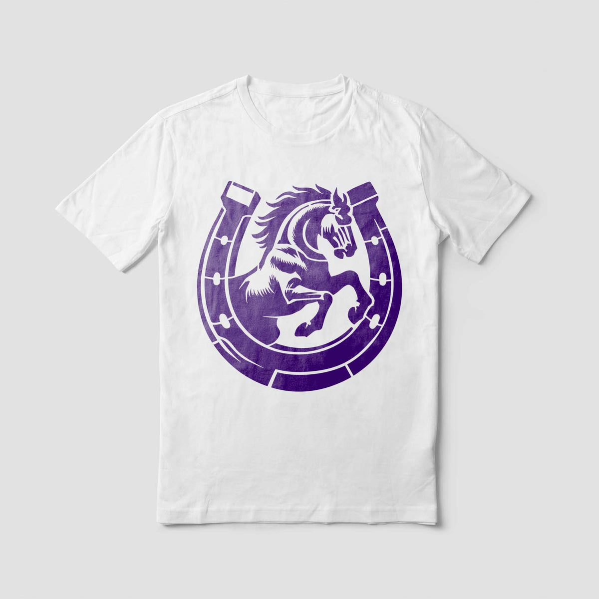 Bold Lucky Horseshoe Rearing Horse Stencil appears in purple across a crisp white shirt