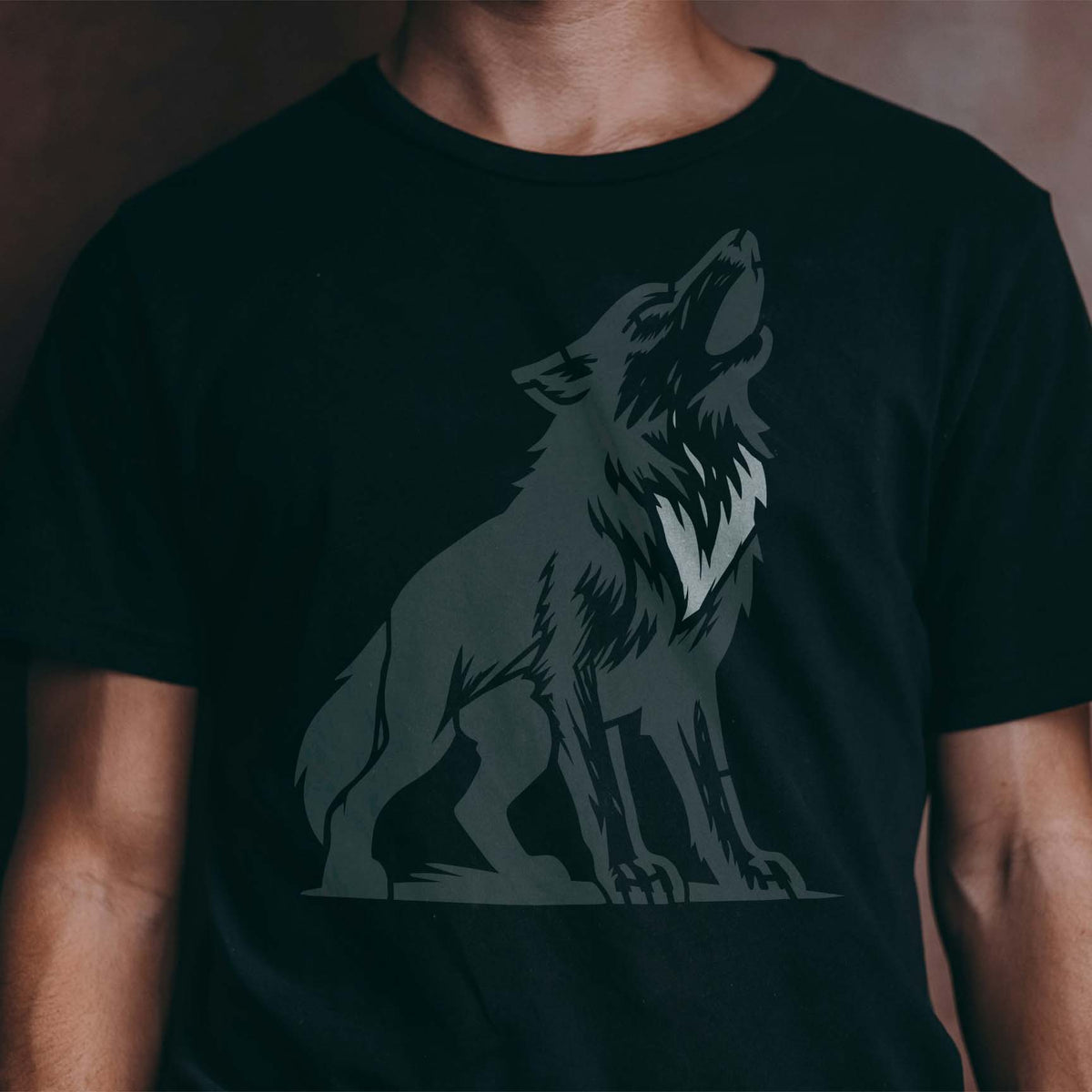 Majestic Howling Wolf Stencil printed in gray on black shirt