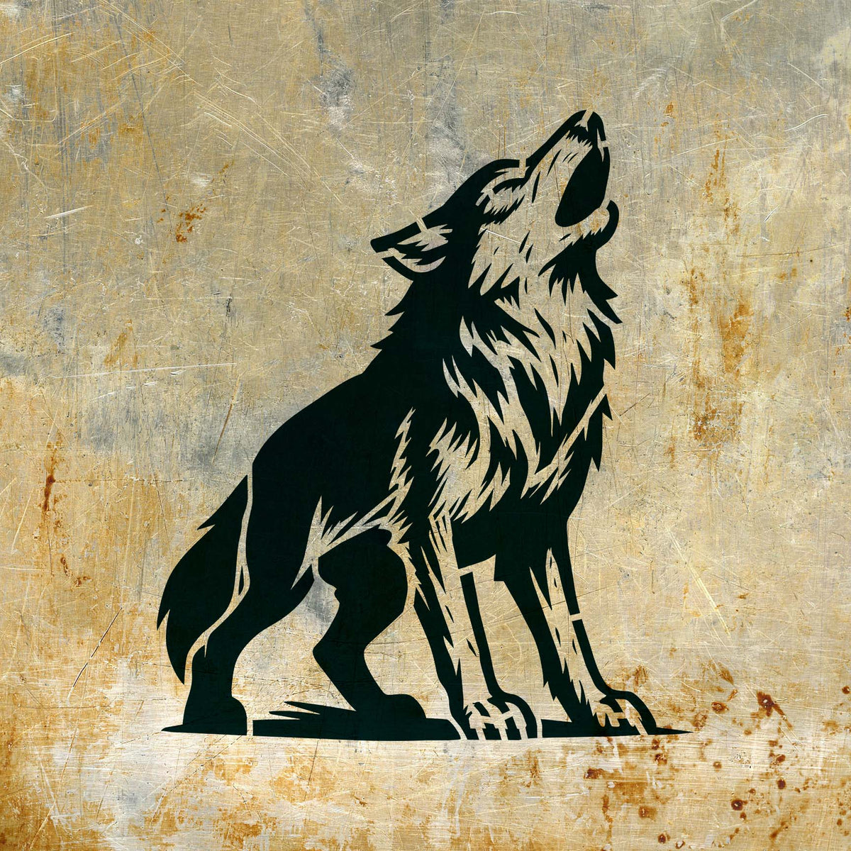 Against scratched metal, the Majestic Howling Wolf Stencil captures a powerful wolf with intricate fur details.
