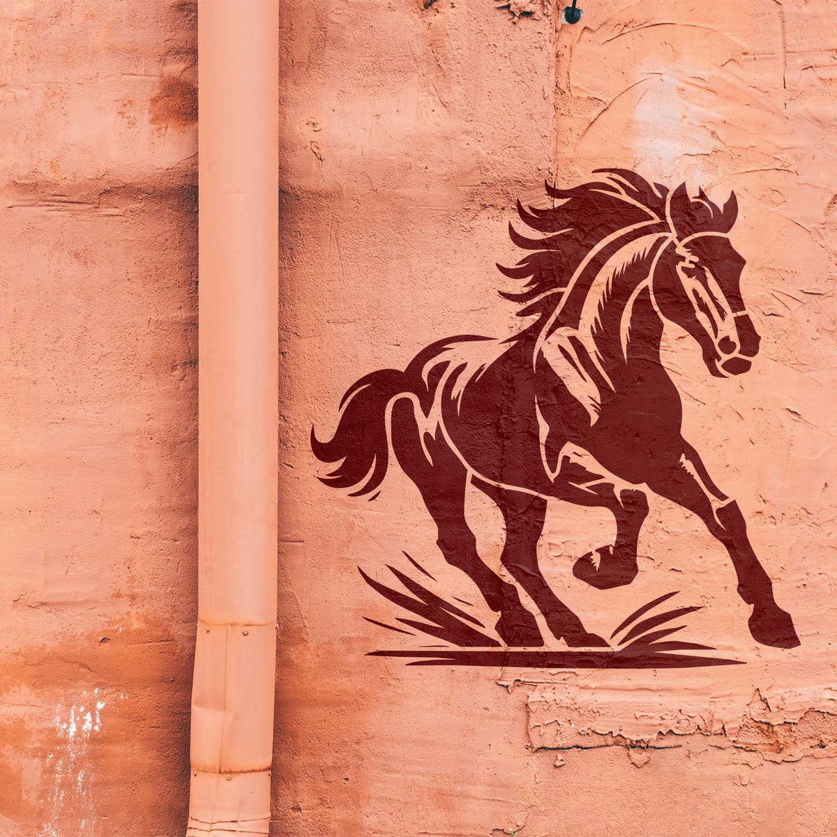 Across a peach stucco wall, the Majestic Running Horse Stencil captures a spirited horse mid-stride.