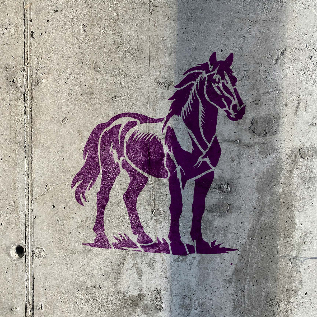 Majestic Standing Horse Stencil shows a poised purple horse painted on a rugged concrete wall.