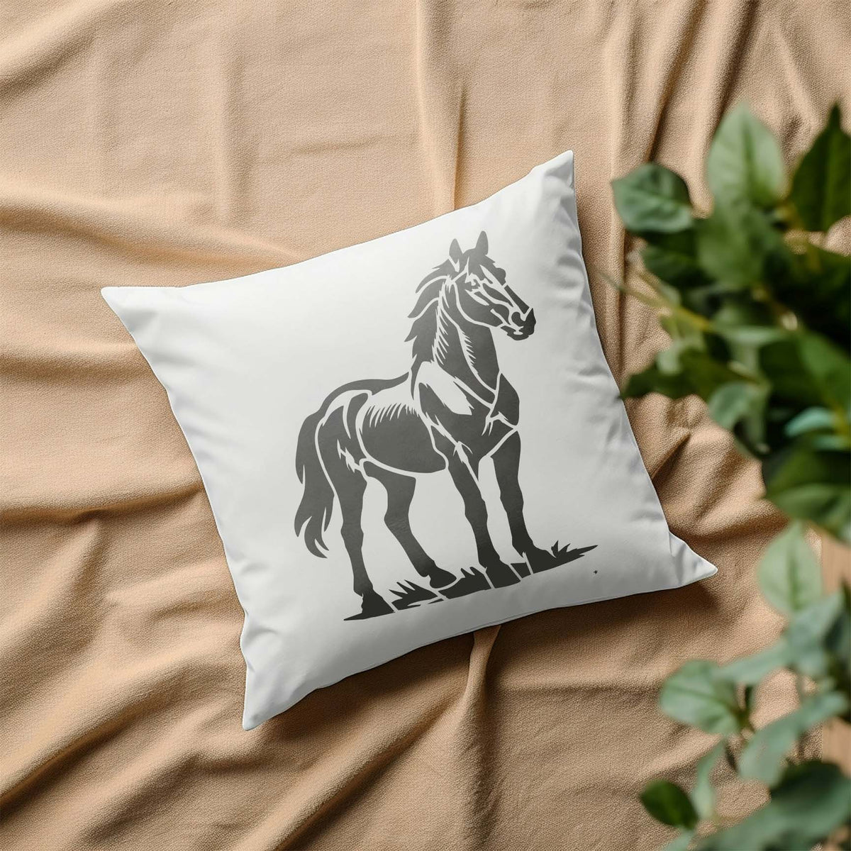 A white pillow features the Majestic Standing Horse Stencil with a graceful horse in gray.