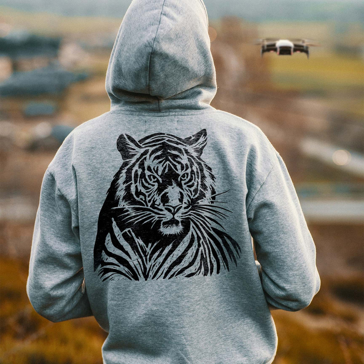 Majestic Tiger Portrait stencil printed black on a gray hoodie