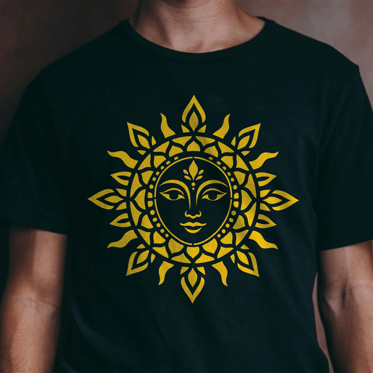 Mandala Sun Face Stencil with ornate rays displayed on a black shirt
