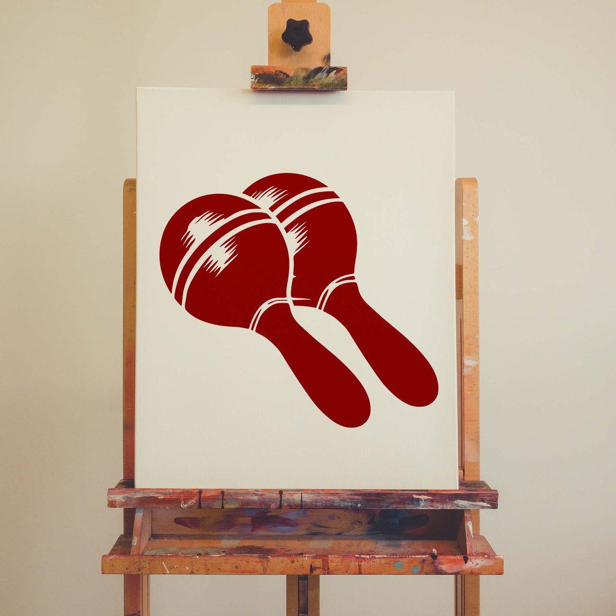 Maracas Stencil with a bold pair of percussion instruments painted on canvas