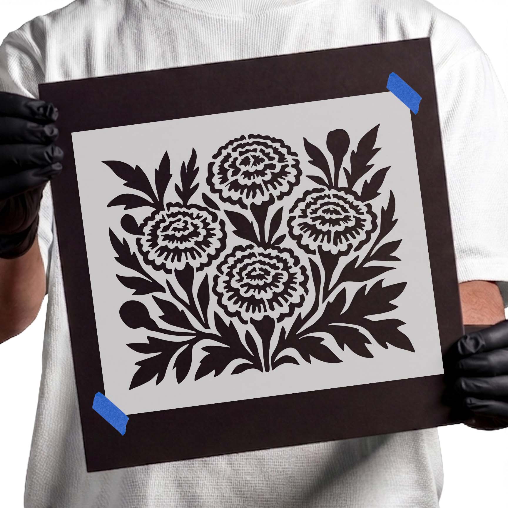 Marigold stencil with layered flowers pointed leaves and budding stems