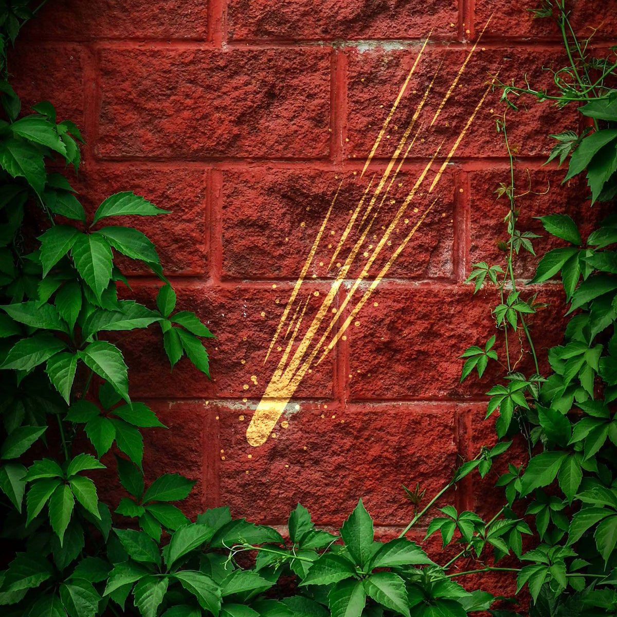 Golden meteor trails streak across red bricks with the Meteor Streak Sky Stencil framed by vines.