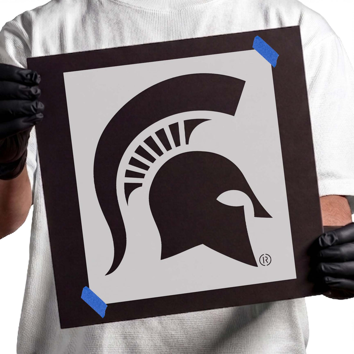 Michigan State Spartans Logo Stencil featuring a bold warrior helmet silhouette with a curved crest