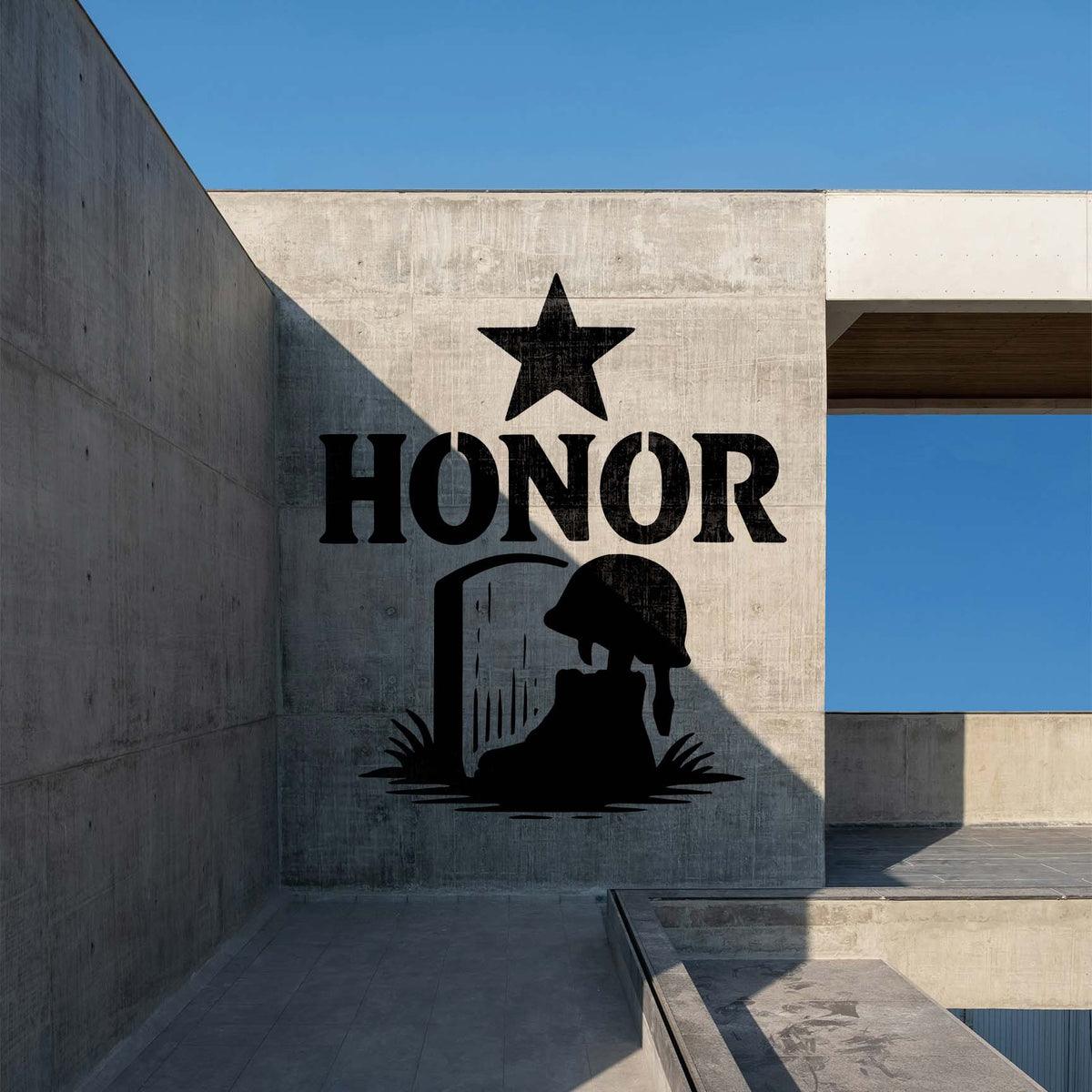 A black Military Honor Memorial Stencil honors fallen soldiers with a helmet, memorial cross, and star.