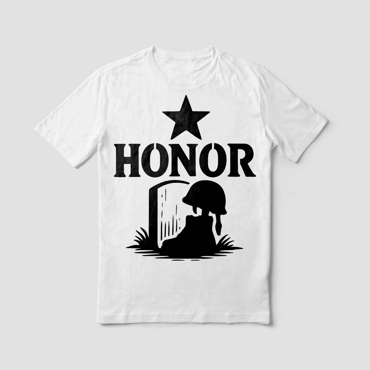 A white t-shirt displays the Military Honor Memorial Stencil with a black star and battlefield cross silhouette.