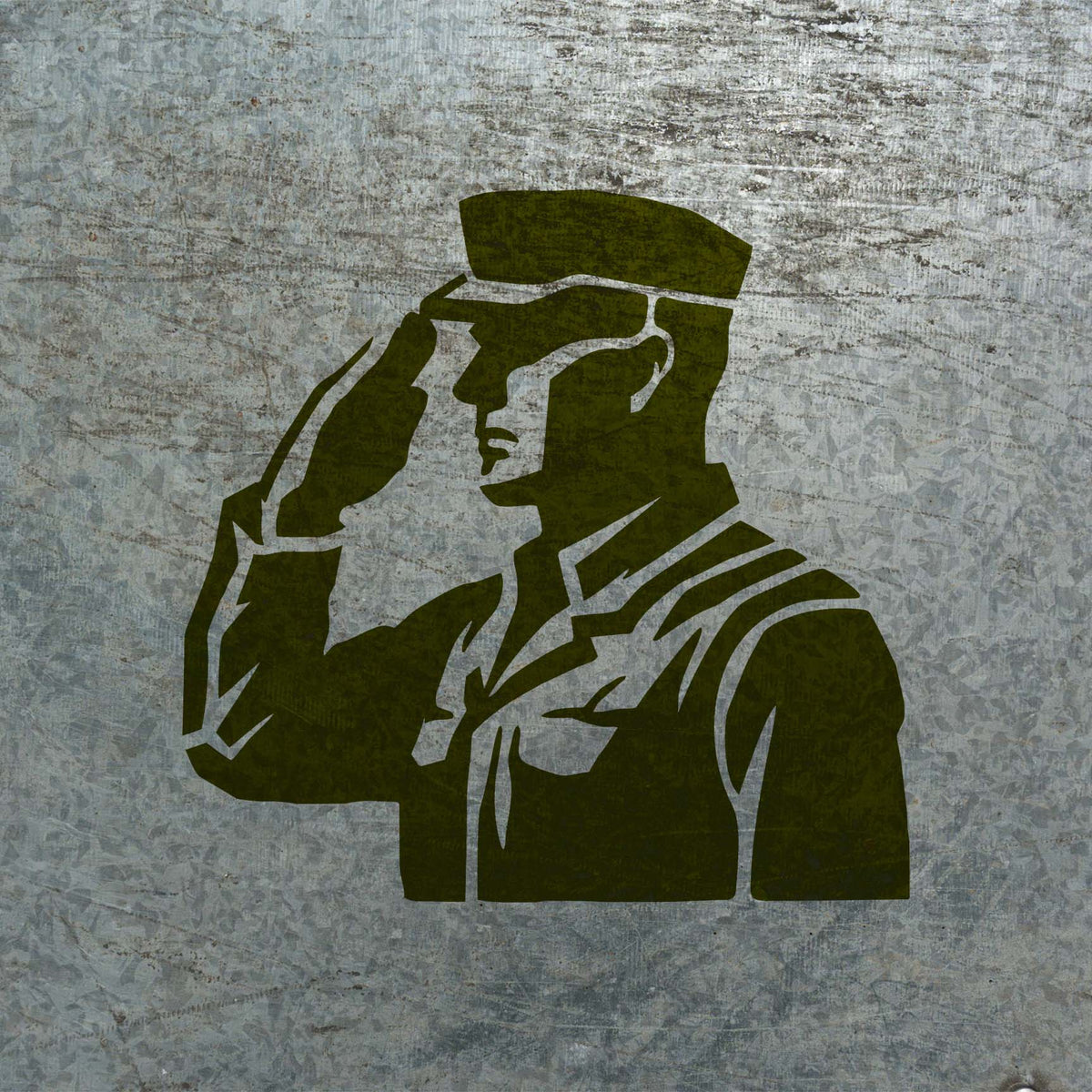 Military Salute Silhouette Stencil showing a crisp uniformed figure with raised salute on metal.