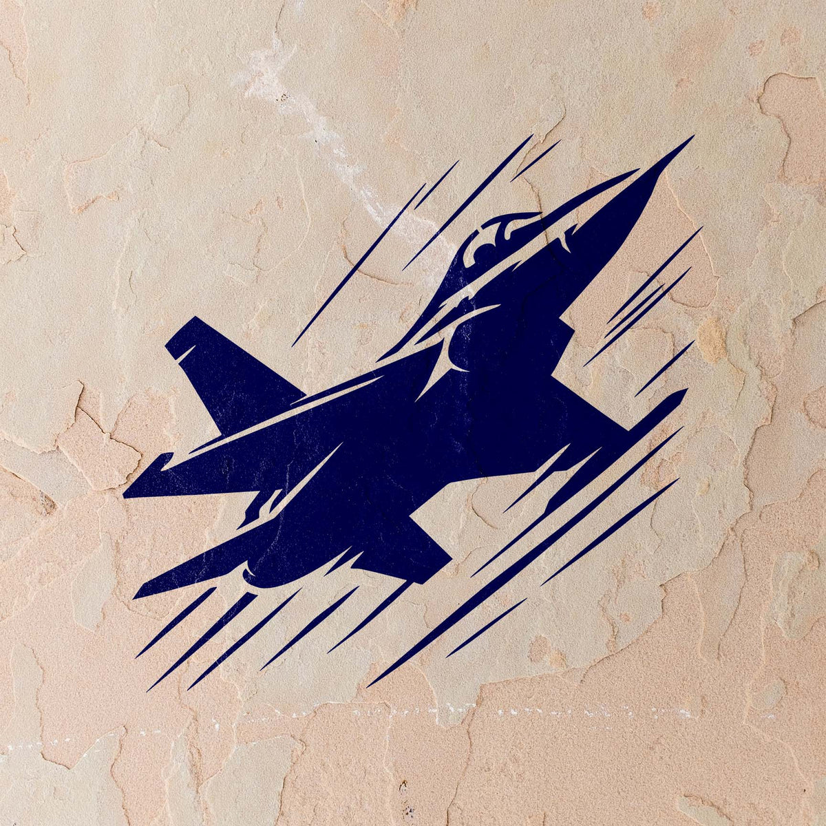 Blue Modern Fighter Jet Silhouette Stencil painted across a textured stucco wall