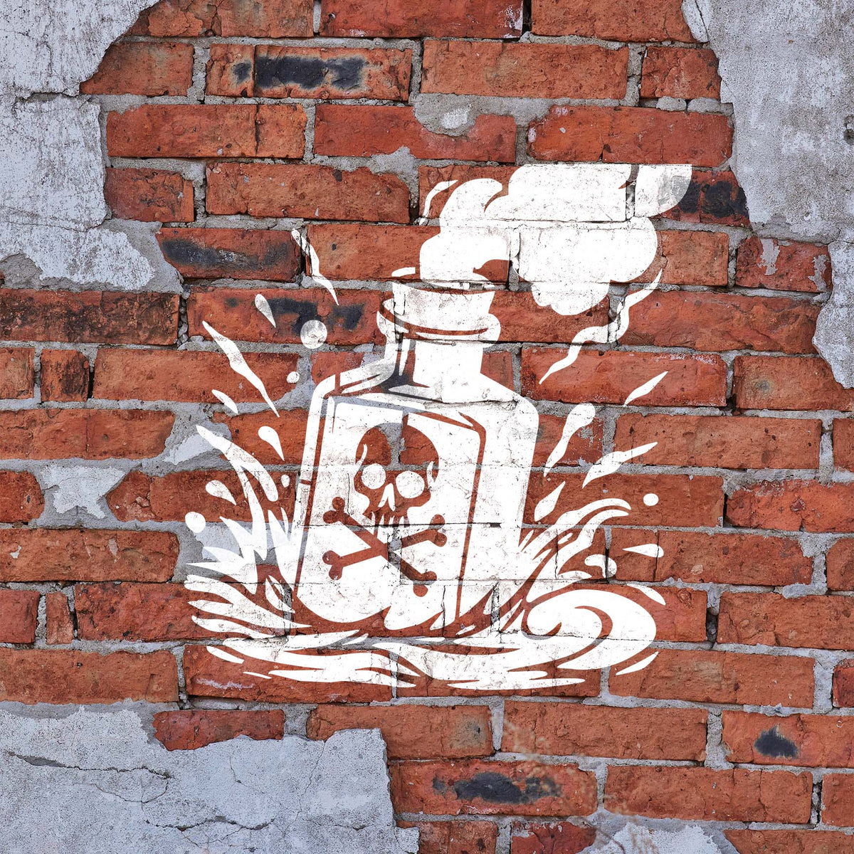 White Smoking Poison Bottle Skull Stencil stands out across a weathered red brick wall