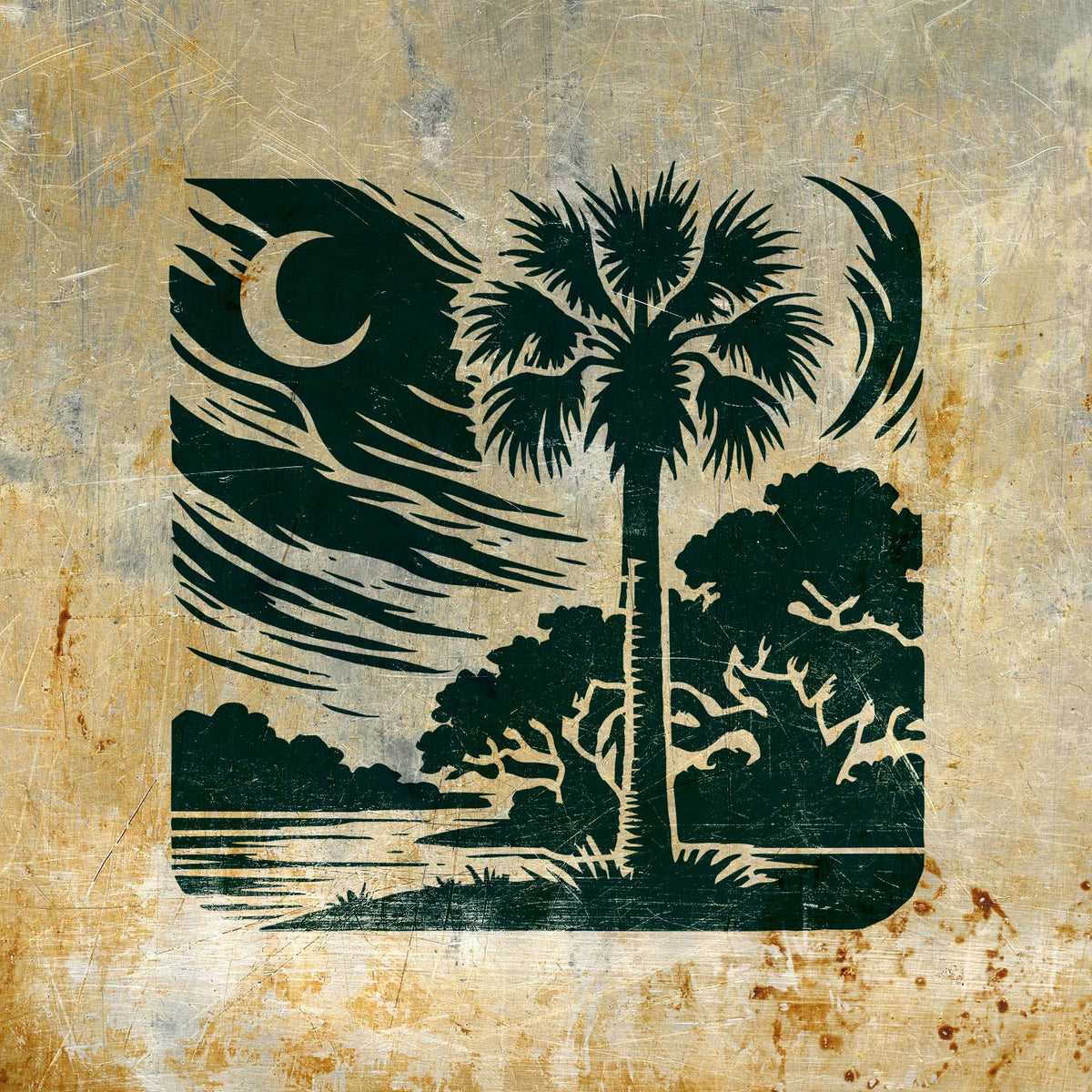 Dark Moonlit Palmetto Grove Stencil fills a distressed metal surface with palm and moon scenery