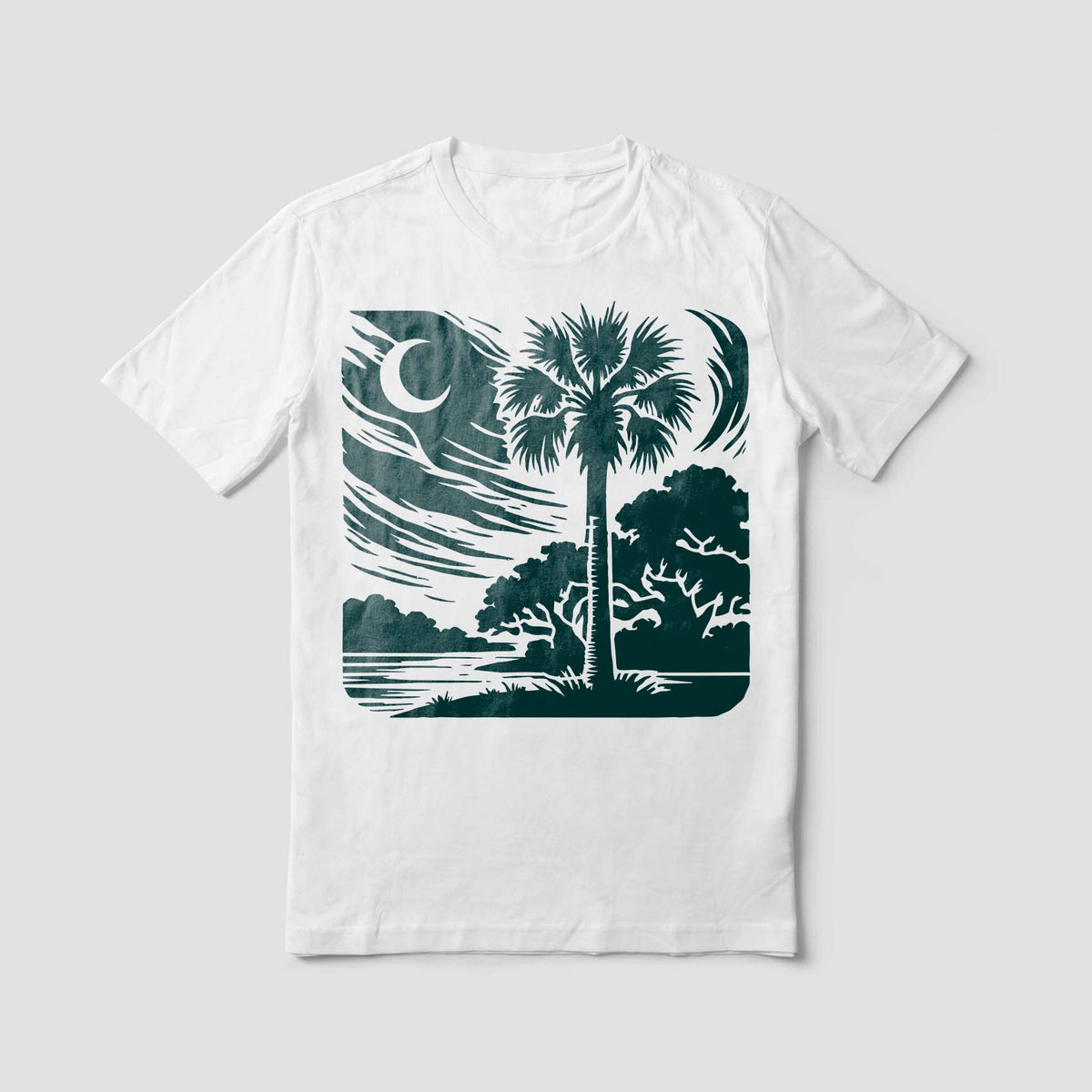 White shirt features the Moonlit Palmetto Grove Stencil with a palm, crescent moon and shoreline
