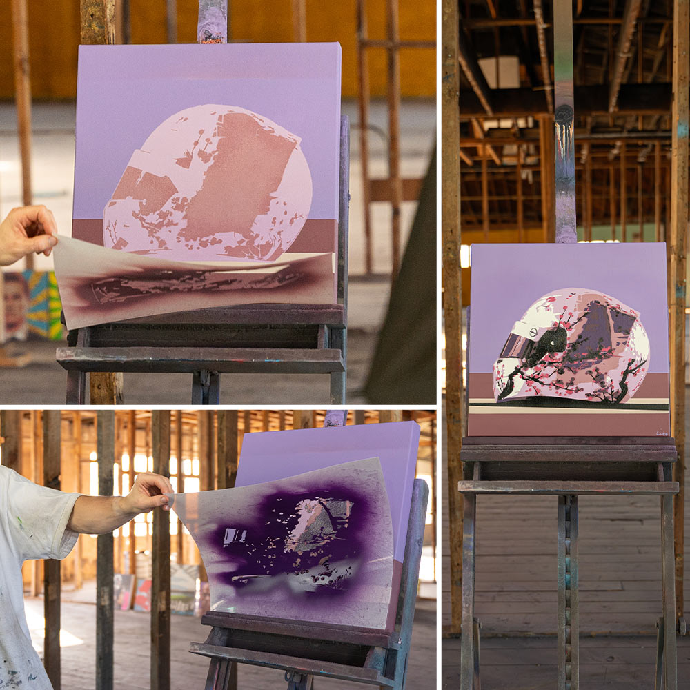 stencils painting motorcycle helmet on a canvas