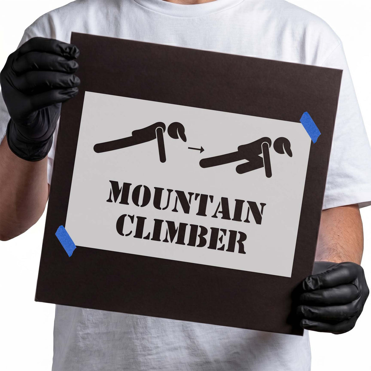 Mountain climber stencil showing two workout positions with a directional arrow and bold lettering