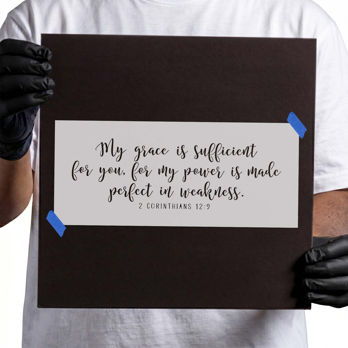 Bible verse stencil with My Grace is Sufficient in flowing script