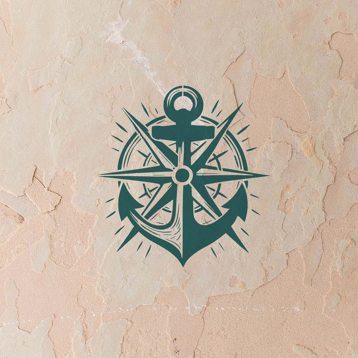 Weathered stucco displays the Nautical Anchor Compass Rose Stencil with crisp teal nautical details