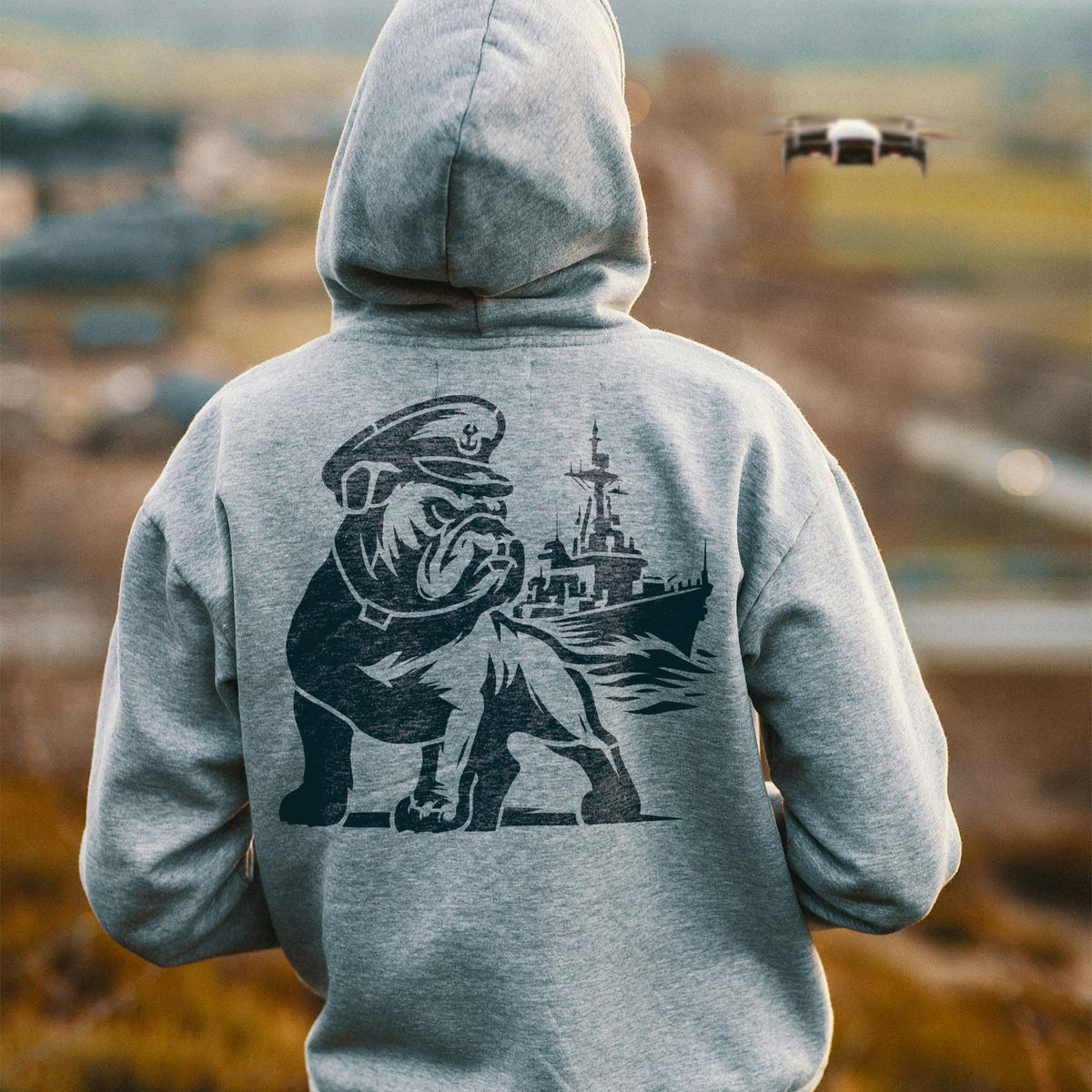 Naval Bulldog & Battleship Stencil shows a sailor bulldog and warship on a gray hoodie.