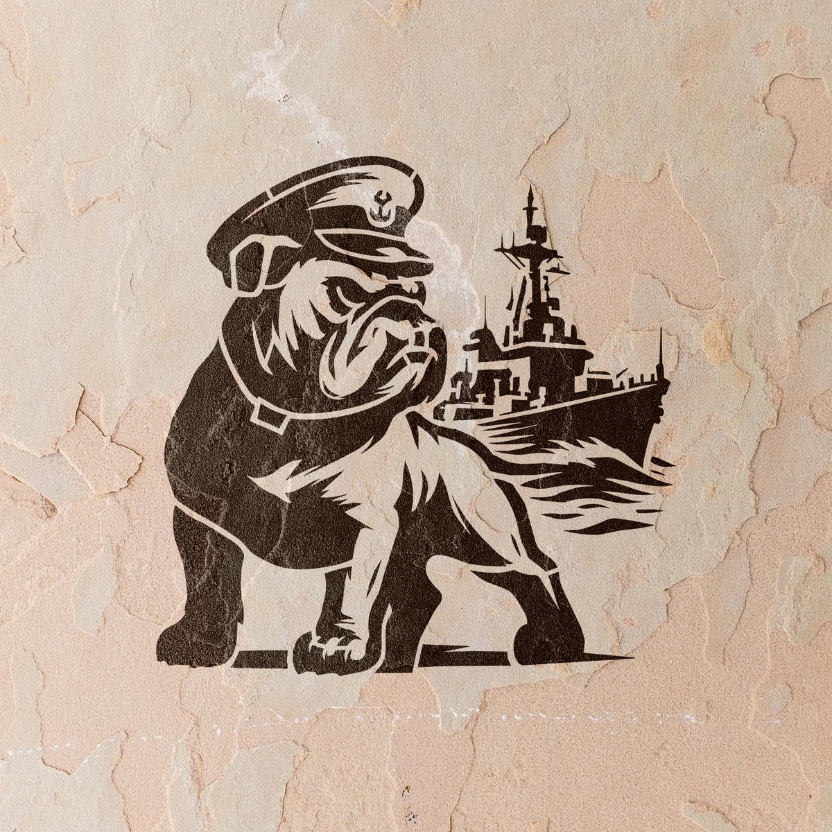 A bold Naval Bulldog & Battleship Stencil pairs a captain bulldog with a warship on stucco.