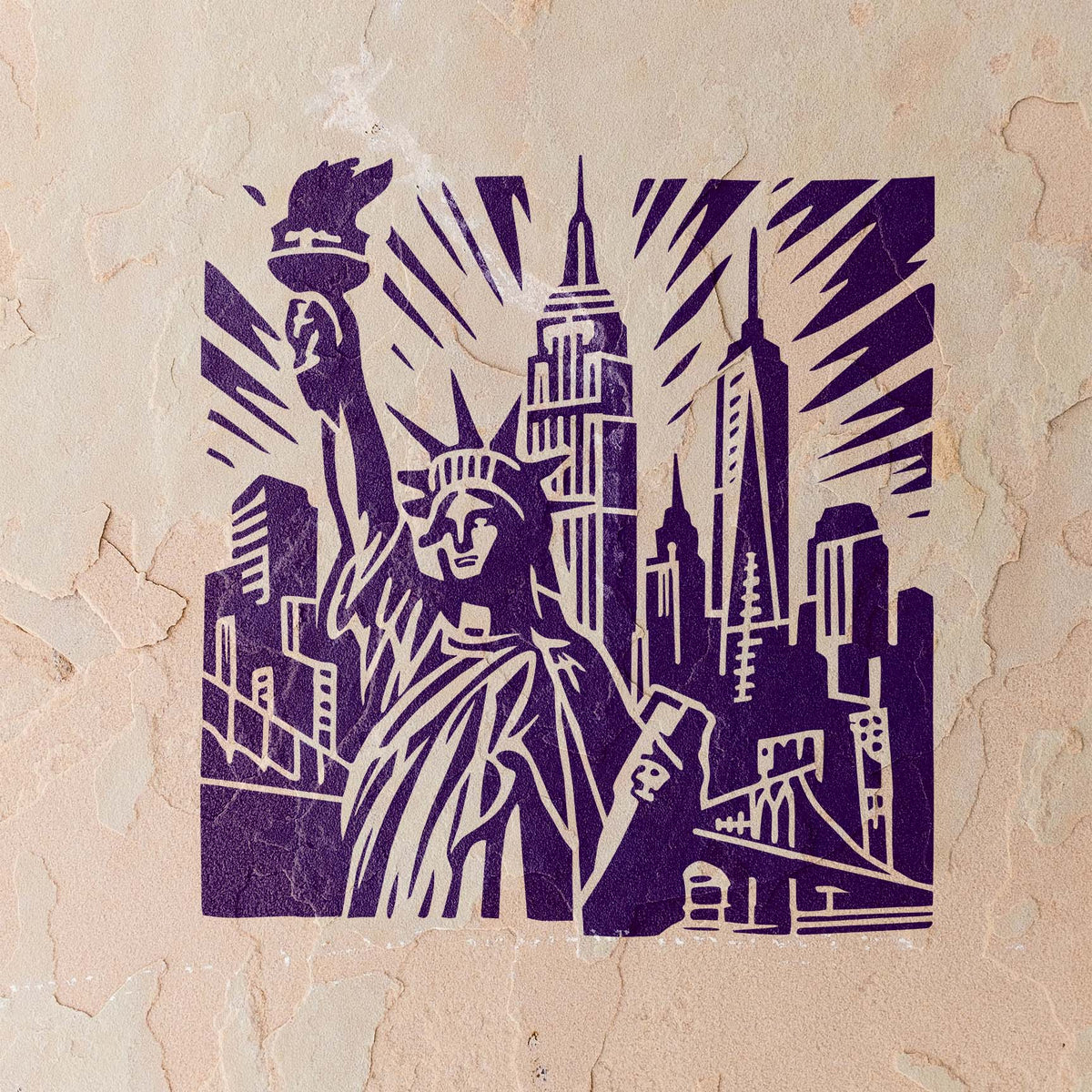 Lady Liberty and skyscrapers fill the New York Skyline Landmark Stencil painted on a textured wall.