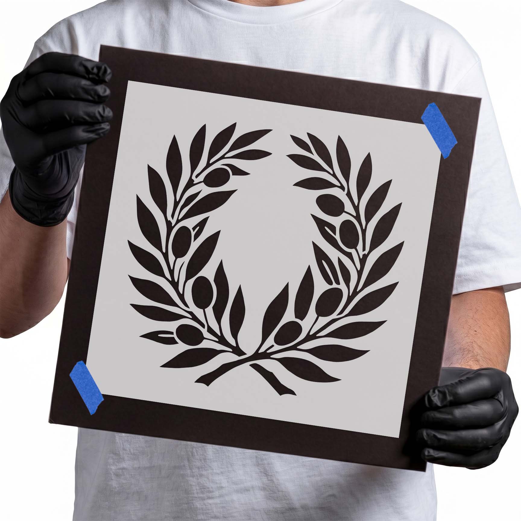 Elegant olive branch wreath stencil with detailed leaves and olives