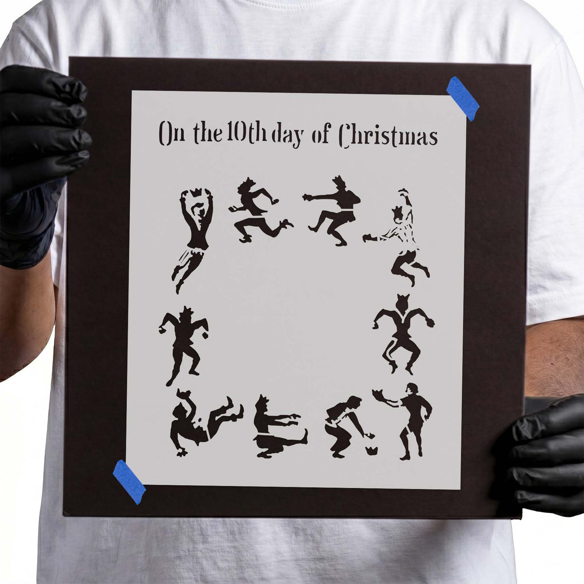 Christmas stencil featuring ten lords leaping in lively silhouetted poses